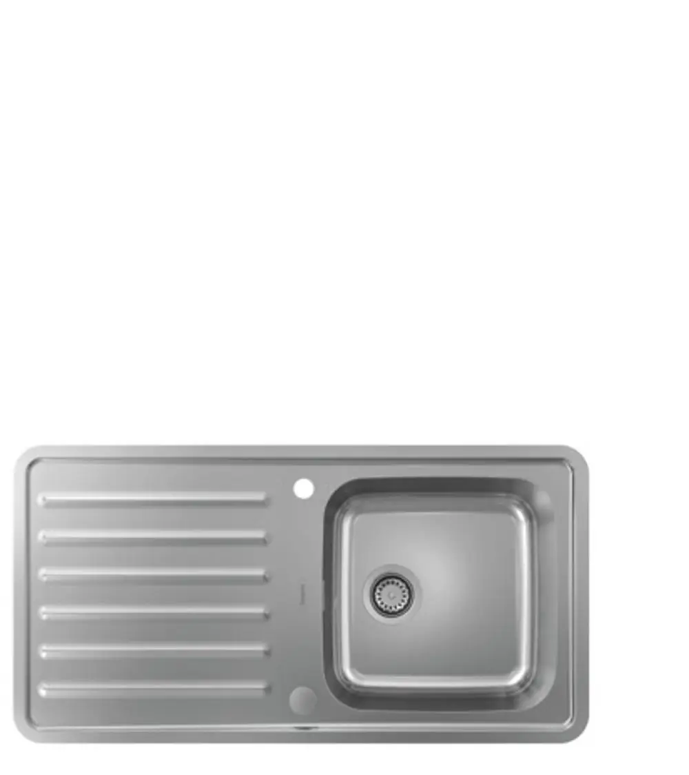 Einbauspüle aus Edelstahl mit Abtropffläche und quadratischem Becken, hergestellt von Hansgrohe. Die Oberfläche zeigt Rillen für Abtropfwasser.
